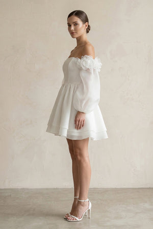 Off - the - Shoulder 3D - Flower Chiffon Long Sleeve Wedding Dress in Ivory - KissProm Wedding Dresses