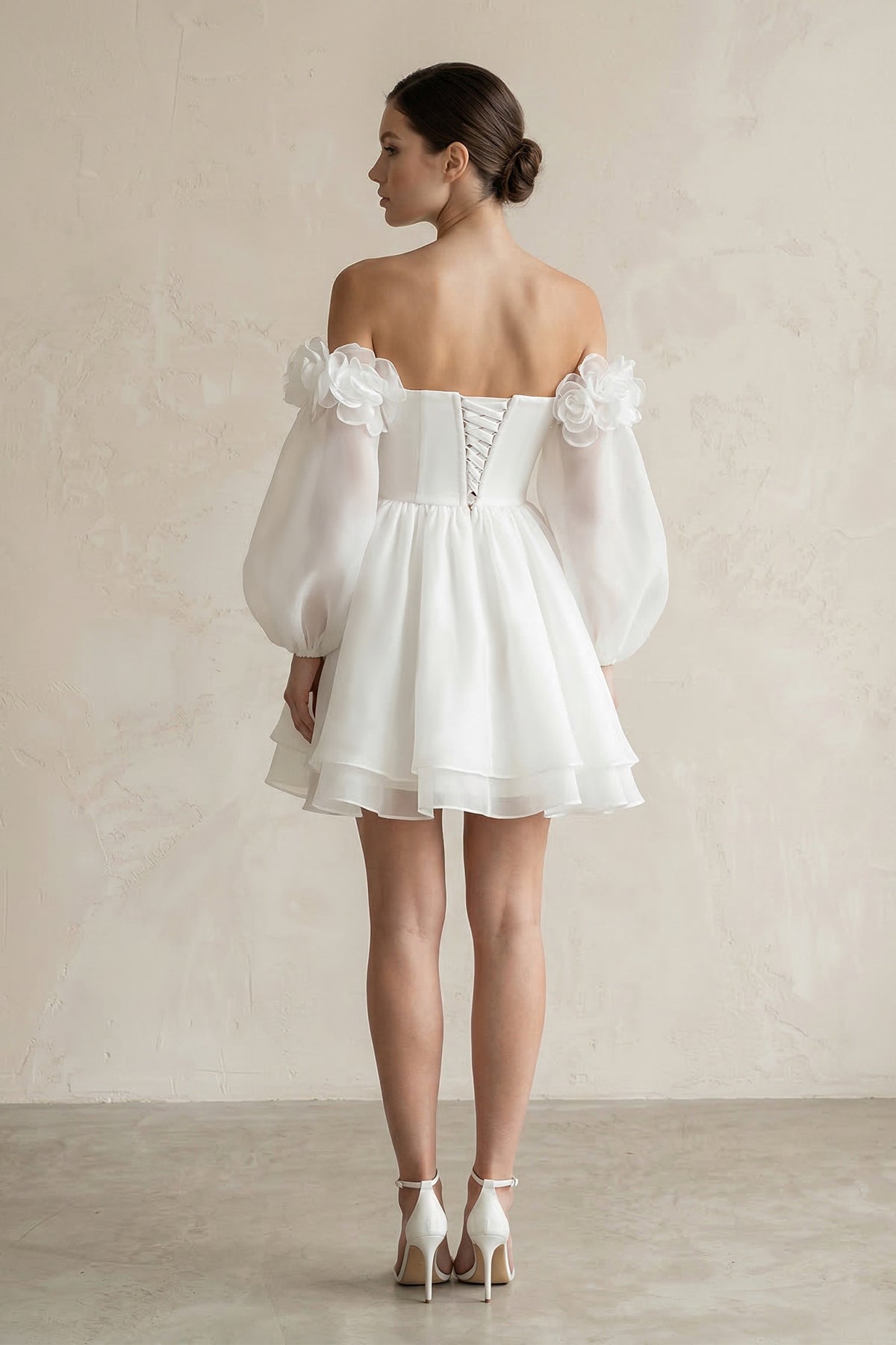 Off-the-Shoulder 3D-Flower Chiffon Long Sleeve Wedding Dress in Ivory, Ivory / 10