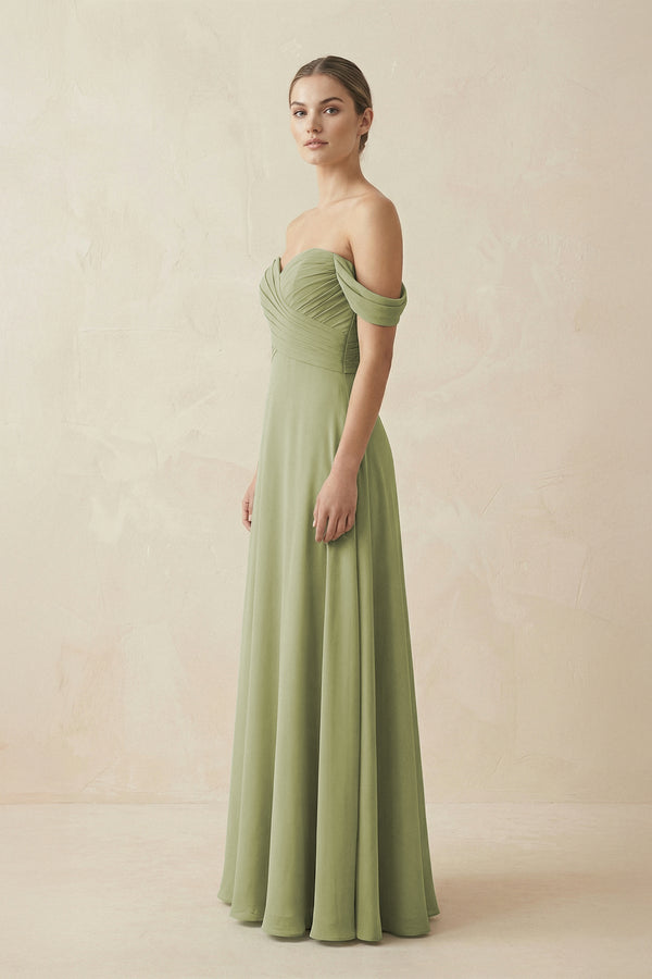 A-Line Off-the-Shoulder Chiffon Bridesmaid Dress in Moss Green - KissProm BRIDESMAID DRESSES