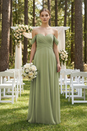 KissProm A-Line Off-the-Shoulder Chiffon Bridesmaid Dress in Moss Green, Moss Green / 14
