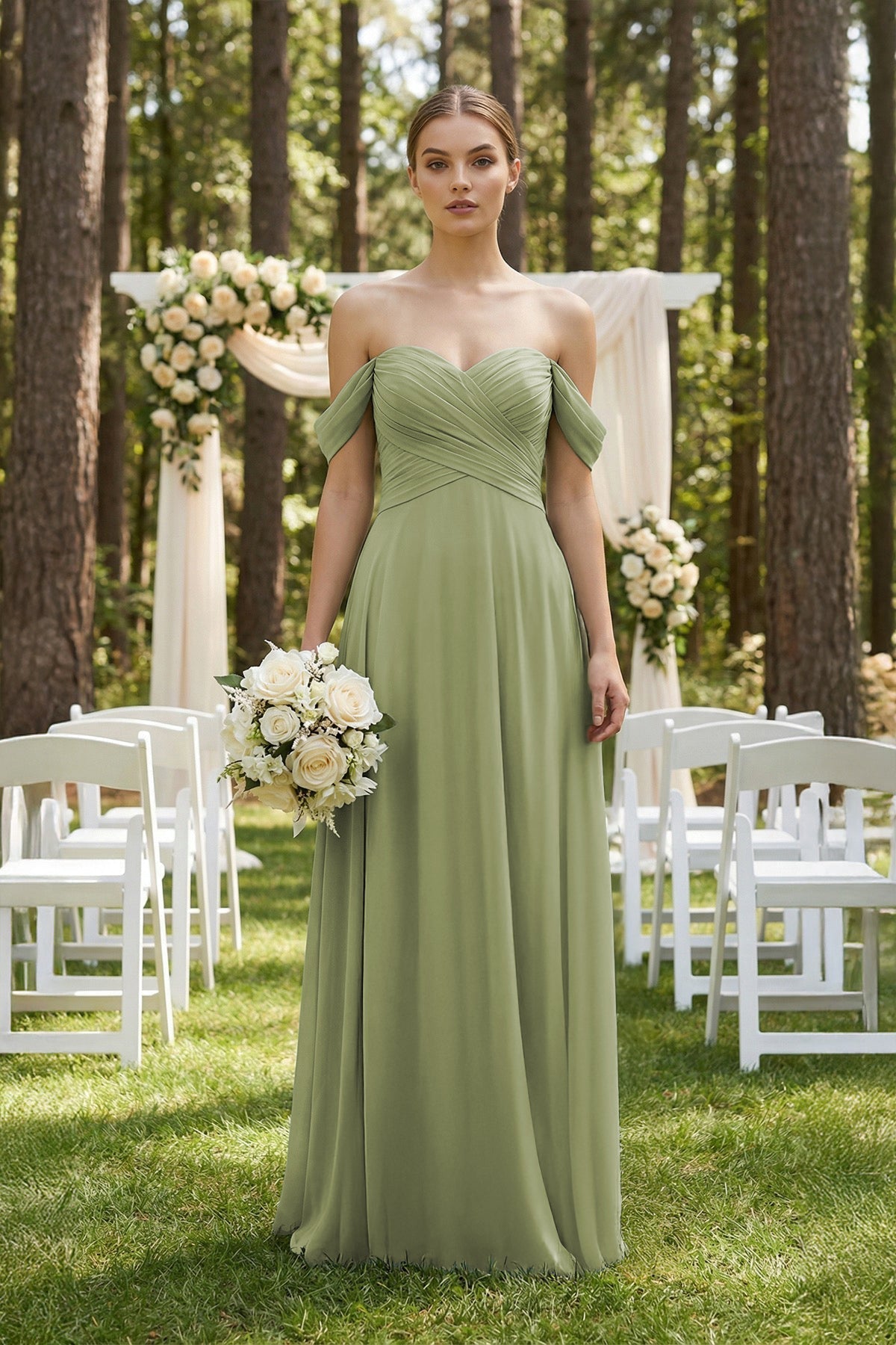 KissProm A-Line Off-the-Shoulder Chiffon Bridesmaid Dress in Moss Green, Moss Green / 14