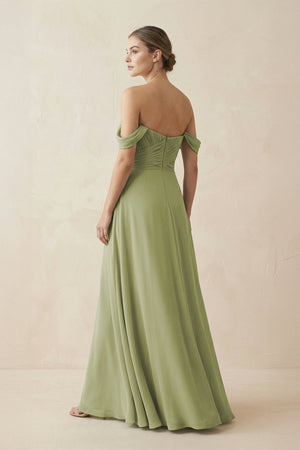A-Line Off-the-Shoulder Chiffon Bridesmaid Dress in Moss Green - KissProm BRIDESMAID DRESSES