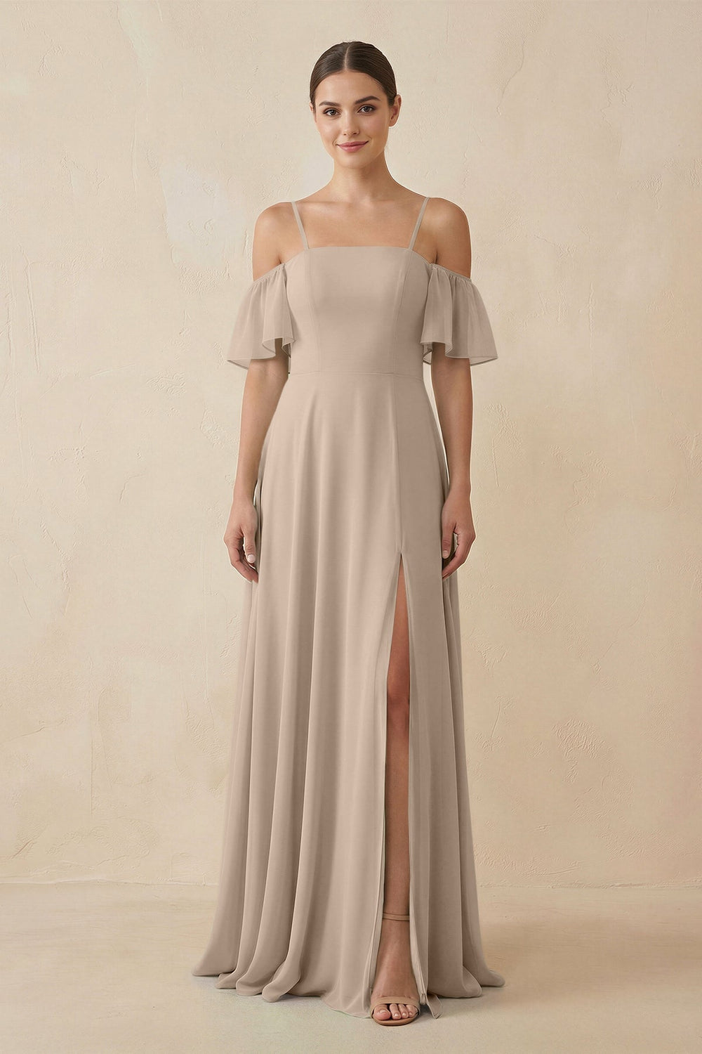Off - the - Shoulder A - Line Chiffon Bridesmaid Dress in Almond - KissProm Bridesmaid Dresses