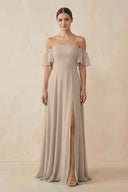 Off - the - Shoulder A - Line Chiffon Bridesmaid Dress in Almond - KissProm Bridesmaid Dresses