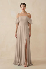 Off - the - Shoulder A - Line Chiffon Bridesmaid Dress in Almond - KissProm Bridesmaid Dresses