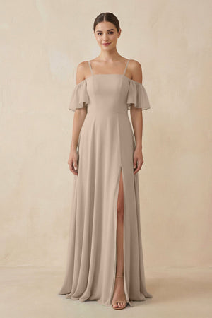 Off - the - Shoulder A - Line Chiffon Bridesmaid Dress in Almond - KissProm Bridesmaid Dresses
