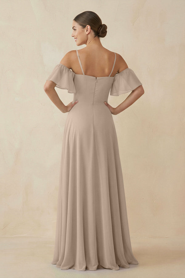 Off - the - Shoulder A - Line Chiffon Bridesmaid Dress in Almond - KissProm Bridesmaid Dresses