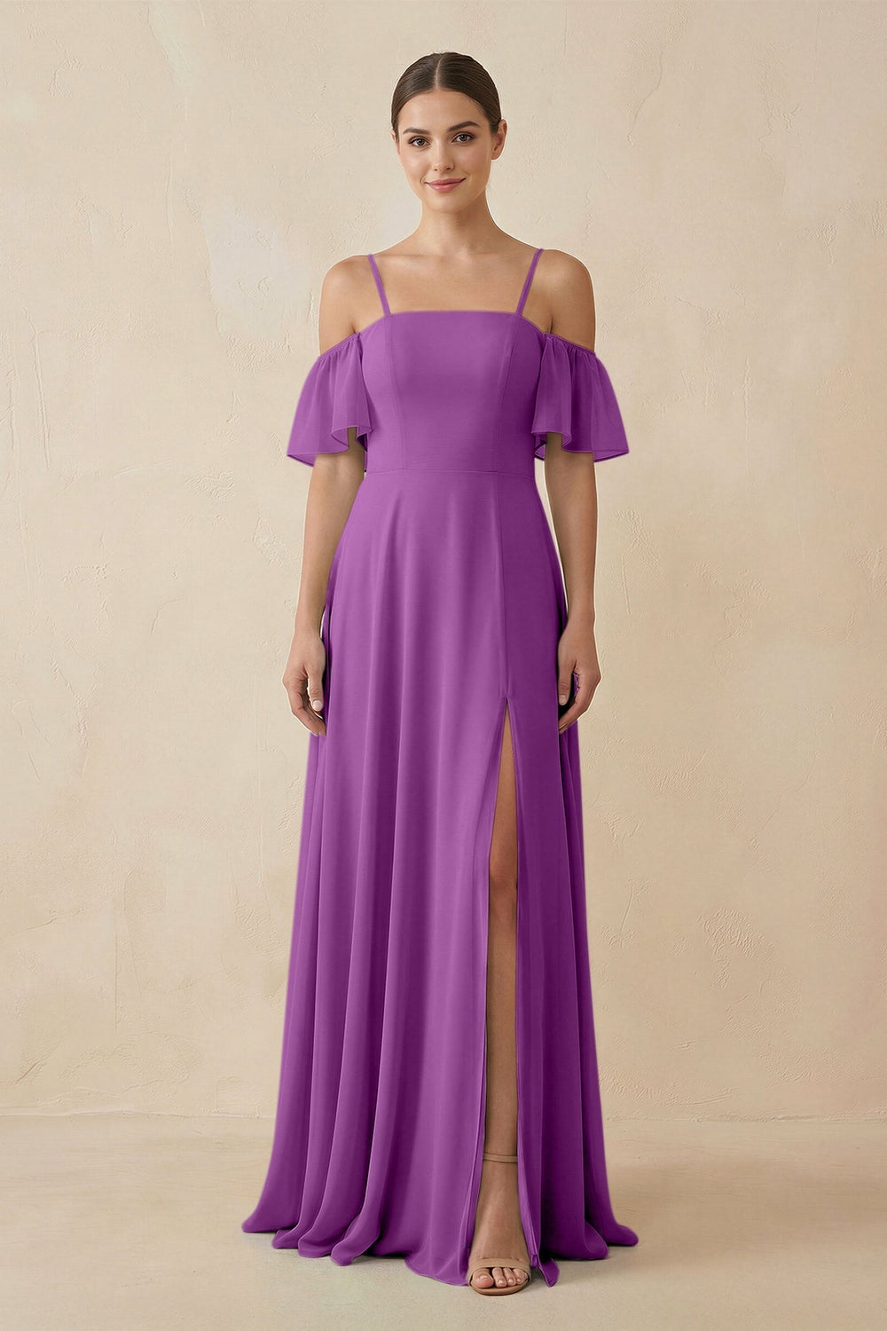 Off - the - Shoulder A - Line Chiffon Bridesmaid Dress in Amethyst - KissProm Bridesmaid Dresses