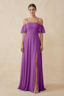 Off - the - Shoulder A - Line Chiffon Bridesmaid Dress in Amethyst - KissProm Bridesmaid Dresses