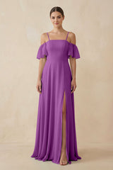 Off - the - Shoulder A - Line Chiffon Bridesmaid Dress in Amethyst - KissProm Bridesmaid Dresses