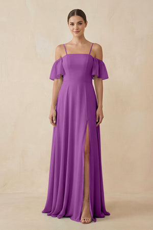 Off - the - Shoulder A - Line Chiffon Bridesmaid Dress in Amethyst - KissProm Bridesmaid Dresses
