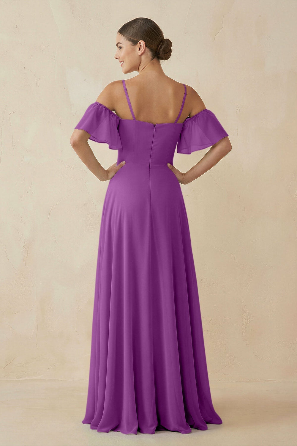 Off - the - Shoulder A - Line Chiffon Bridesmaid Dress in Amethyst - KissProm Bridesmaid Dresses