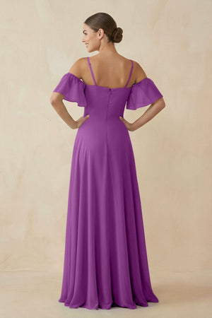 Off - the - Shoulder A - Line Chiffon Bridesmaid Dress in Amethyst - KissProm Bridesmaid Dresses