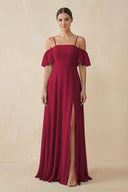 Off - the - Shoulder A - Line Chiffon Bridesmaid Dress in Berry - KissProm Bridesmaid Dresses