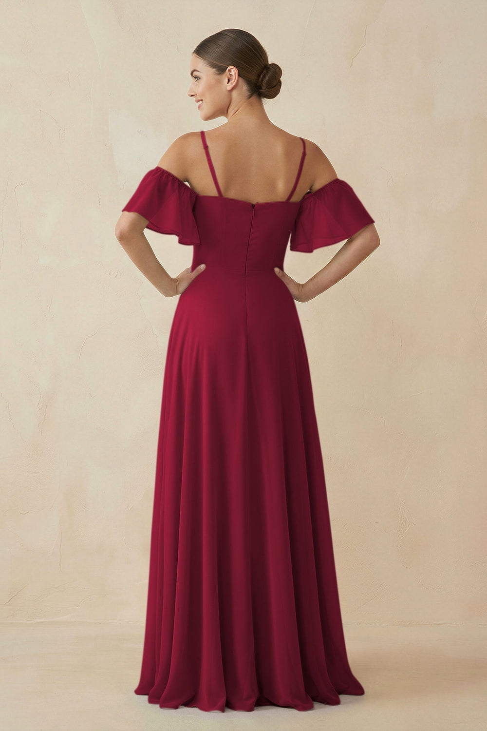 Off - the - Shoulder A - Line Chiffon Bridesmaid Dress in Berry - KissProm Bridesmaid Dresses