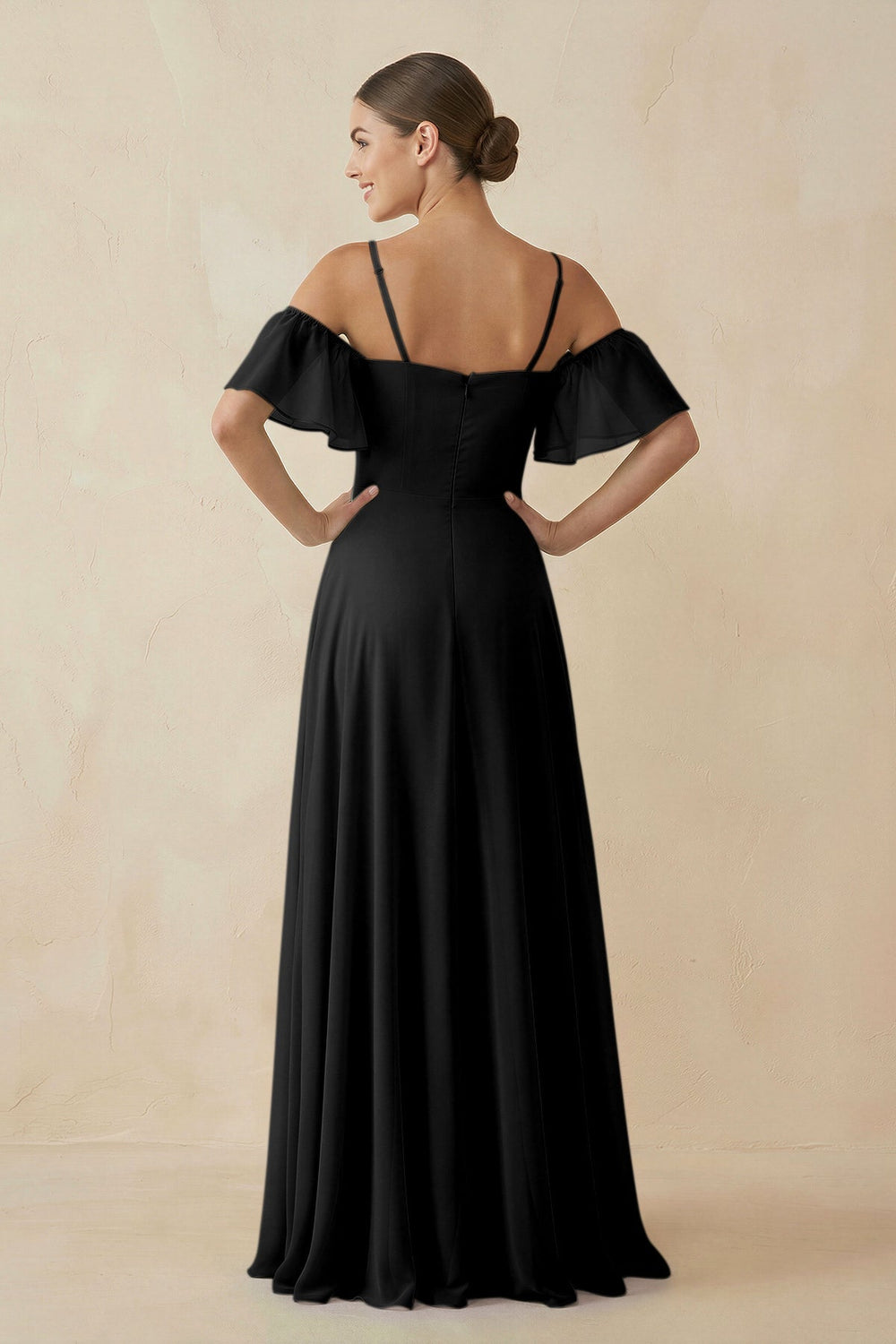 Off - the - Shoulder A - Line Chiffon Bridesmaid Dress in Black - KissProm Bridesmaid Dresses