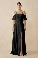 Off - the - Shoulder A - Line Chiffon Bridesmaid Dress in Black - KissProm Bridesmaid Dresses