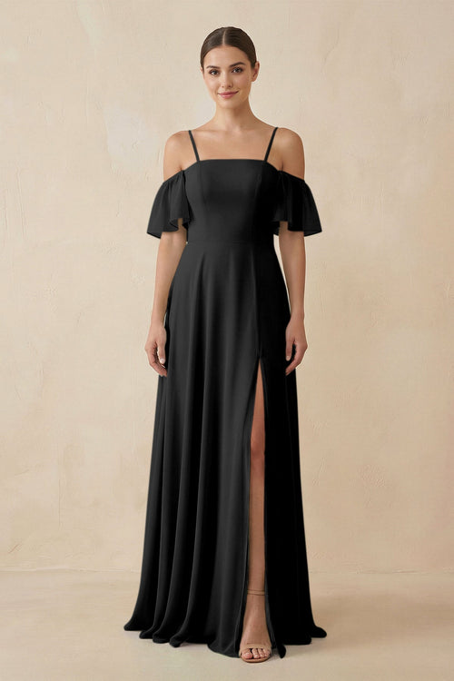 Off - the - Shoulder A - Line Chiffon Bridesmaid Dress in Black - KissProm Bridesmaid Dresses