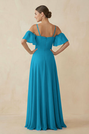 Off - the - Shoulder A - Line Chiffon Bridesmaid Dress in Blue Jay - KissProm Bridesmaid Dresses