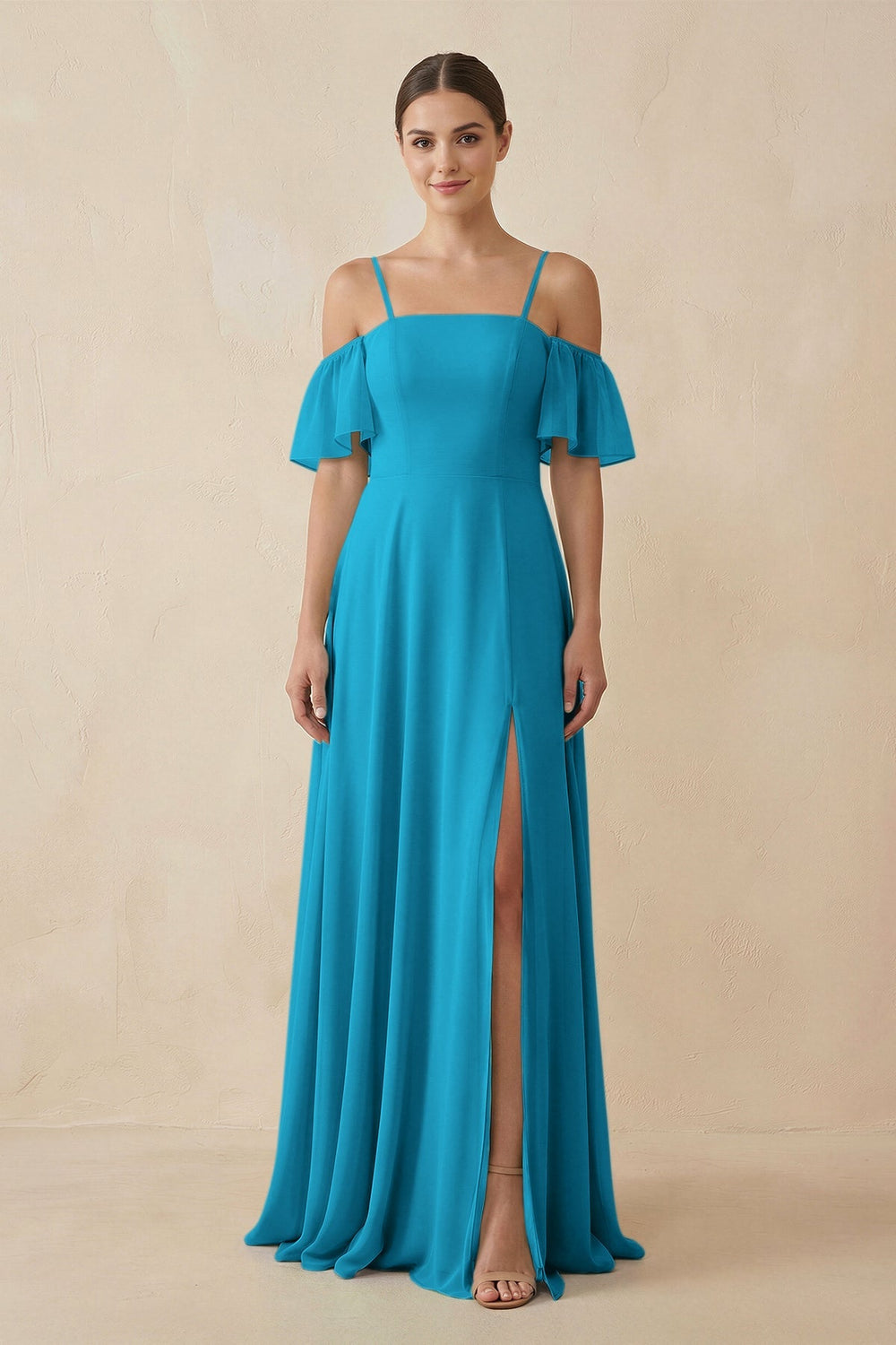 Off - the - Shoulder A - Line Chiffon Bridesmaid Dress in Blue Jay - KissProm Bridesmaid Dresses