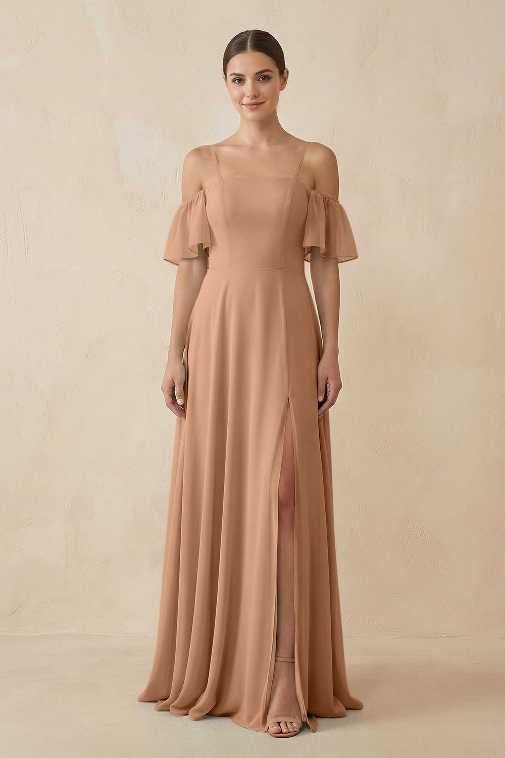 Off - the - Shoulder A - Line Chiffon Bridesmaid Dress in Bronzer - KissProm Bridesmaid Dresses