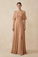 Off - the - Shoulder A - Line Chiffon Bridesmaid Dress in Bronzer - KissProm Bridesmaid Dresses