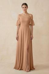 Off - the - Shoulder A - Line Chiffon Bridesmaid Dress in Bronzer - KissProm Bridesmaid Dresses