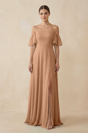 Off - the - Shoulder A - Line Chiffon Bridesmaid Dress in Bronzer - KissProm Bridesmaid Dresses