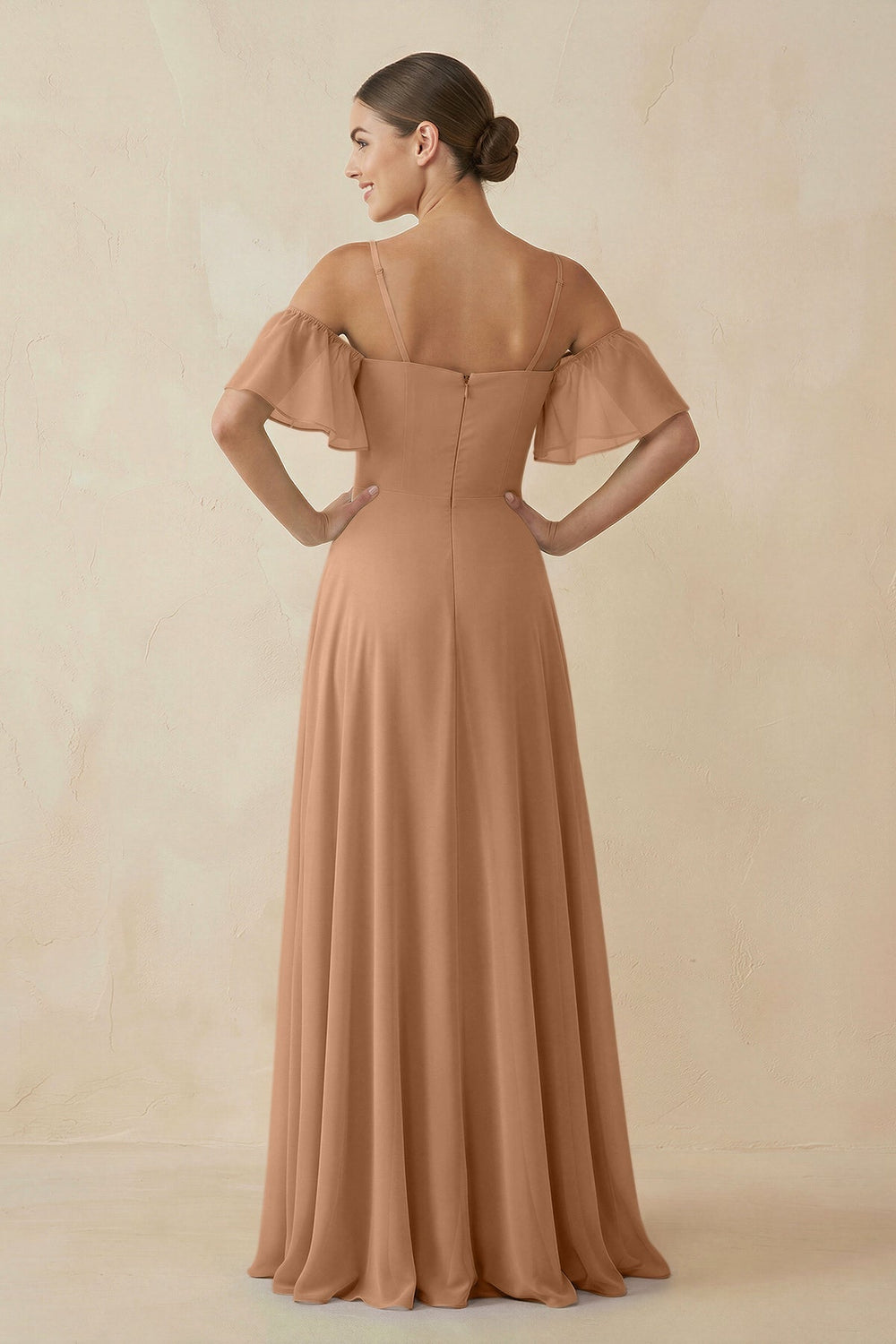 Off - the - Shoulder A - Line Chiffon Bridesmaid Dress in Bronzer - KissProm Bridesmaid Dresses