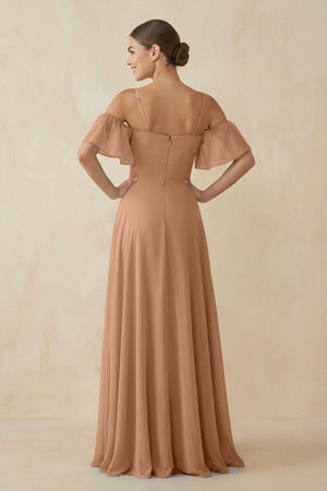 Off - the - Shoulder A - Line Chiffon Bridesmaid Dress in Bronzer - KissProm Bridesmaid Dresses