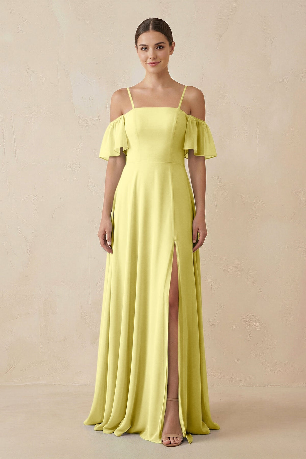 Off - the - Shoulder A - Line Chiffon Bridesmaid Dress in Buttercup - KissProm Bridesmaid Dresses