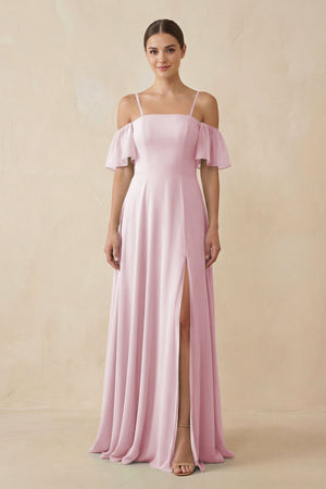 Off - the - Shoulder A - Line Chiffon Bridesmaid Dress in Candy Pink - KissProm Bridesmaid Dresses