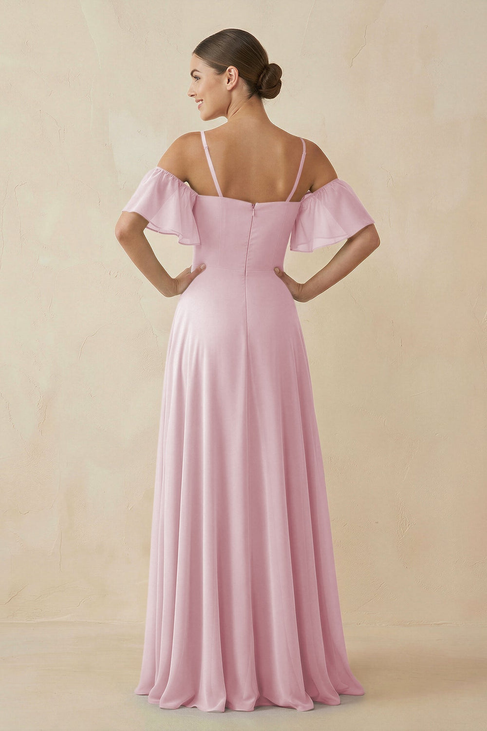 Off - the - Shoulder A - Line Chiffon Bridesmaid Dress in Candy Pink - KissProm Bridesmaid Dresses
