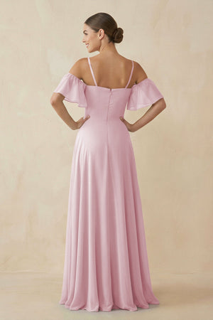 Off - the - Shoulder A - Line Chiffon Bridesmaid Dress in Candy Pink - KissProm Bridesmaid Dresses