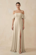 Off - the - Shoulder A - Line Chiffon Bridesmaid Dress in Champagne - KissProm Bridesmaid Dresses