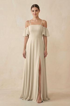 Off - the - Shoulder A - Line Chiffon Bridesmaid Dress in Champagne - KissProm Bridesmaid Dresses