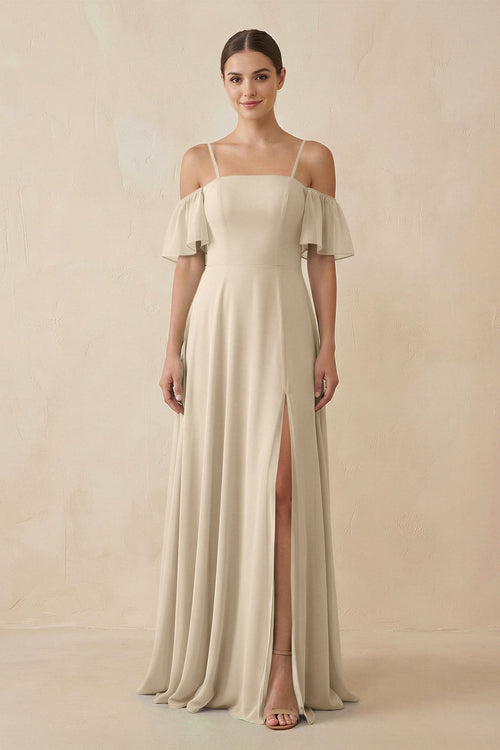 Off - the - Shoulder A - Line Chiffon Bridesmaid Dress in Champagne - KissProm Bridesmaid Dresses