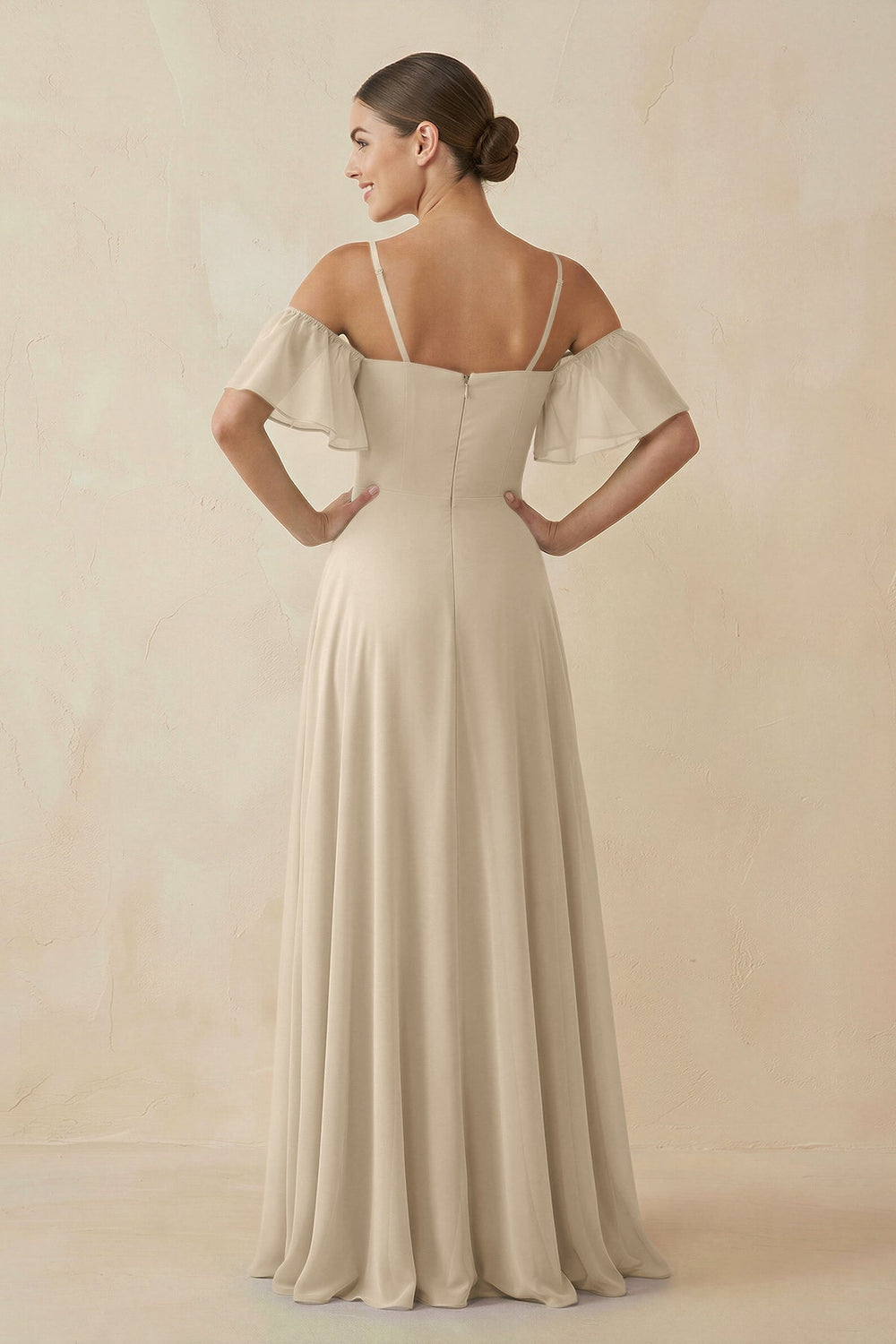 Off - the - Shoulder A - Line Chiffon Bridesmaid Dress in Champagne - KissProm Bridesmaid Dresses