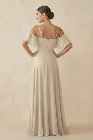Off - the - Shoulder A - Line Chiffon Bridesmaid Dress in Champagne - KissProm Bridesmaid Dresses