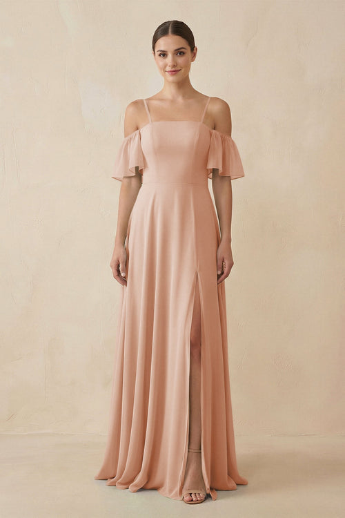 Off - the - Shoulder A - Line Chiffon Bridesmaid Dress in Champagne Rose - KissProm Bridesmaid Dresses