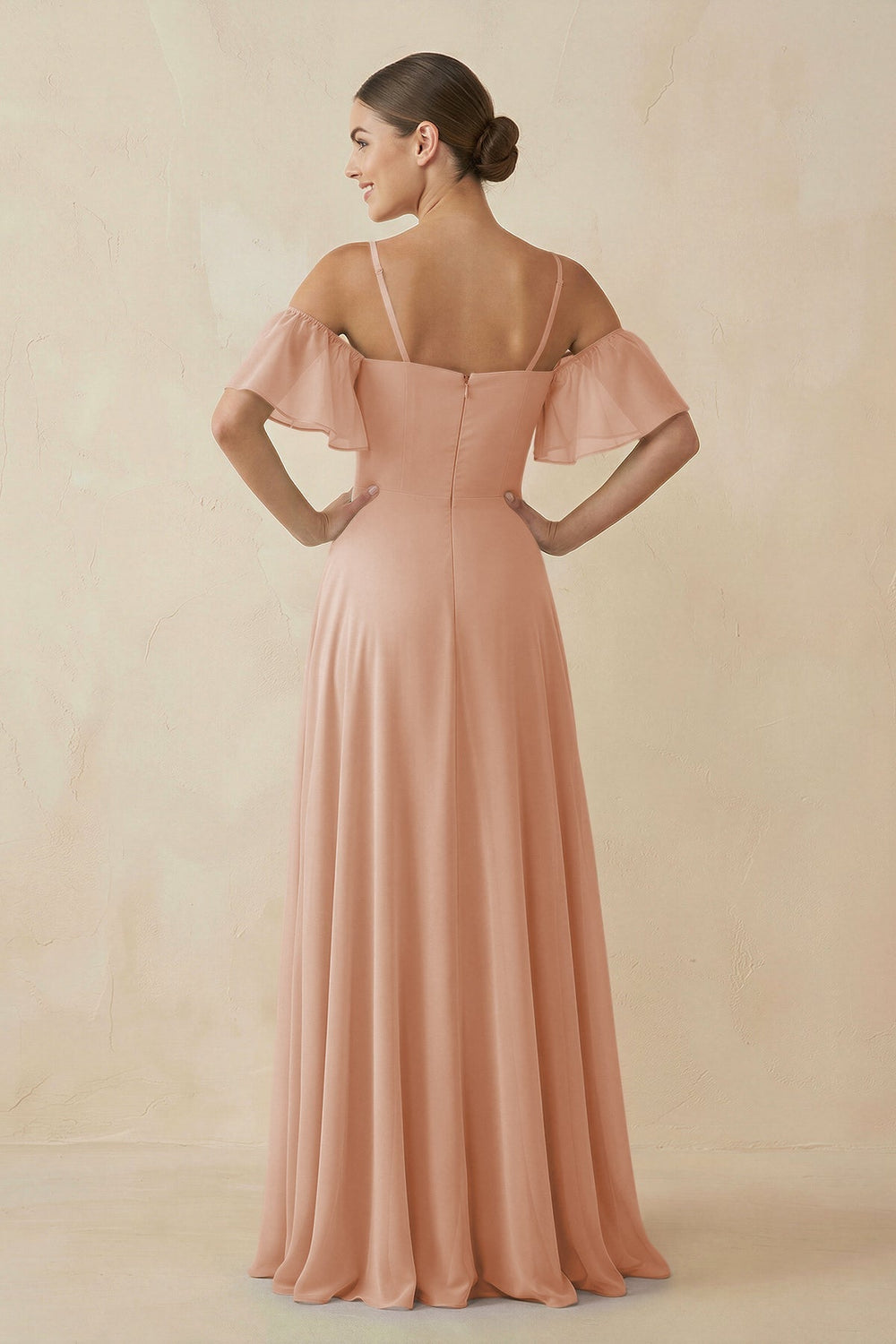 Off - the - Shoulder A - Line Chiffon Bridesmaid Dress in Champagne Rose - KissProm Bridesmaid Dresses