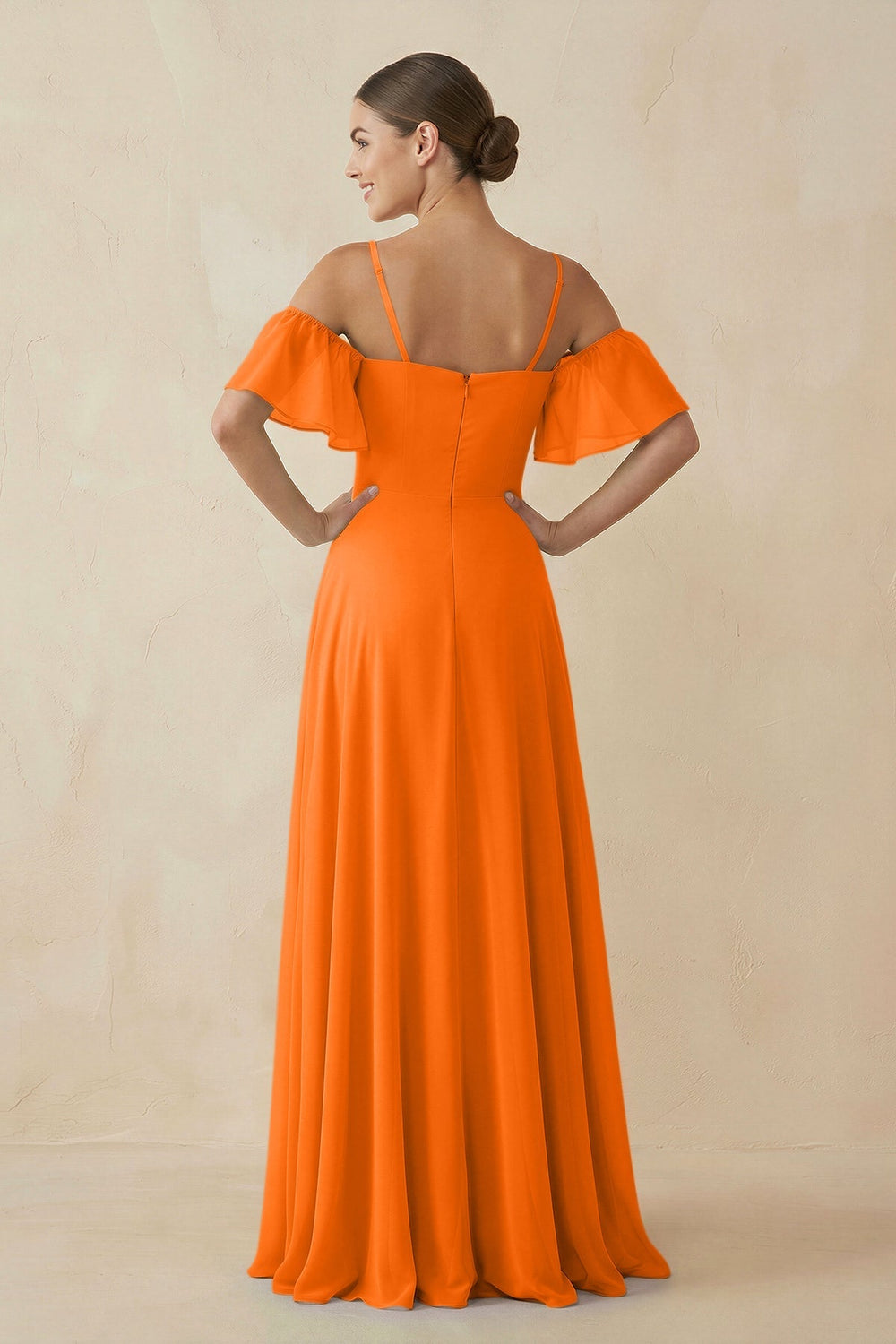 Off - the - Shoulder A - Line Chiffon Bridesmaid Dress in Cinnamon - KissProm Bridesmaid Dresses