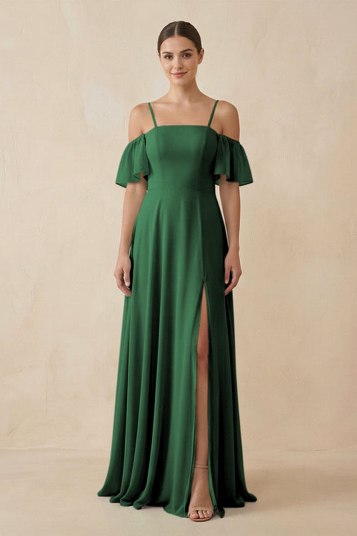 KissProm Off-the-Shoulder A-Line Chiffon Bridesmaid Dress in Dark Green, Dark Green / 10