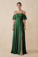 Off - the - Shoulder A - Line Chiffon Bridesmaid Dress in Dark Green - KissProm Bridesmaid Dresses