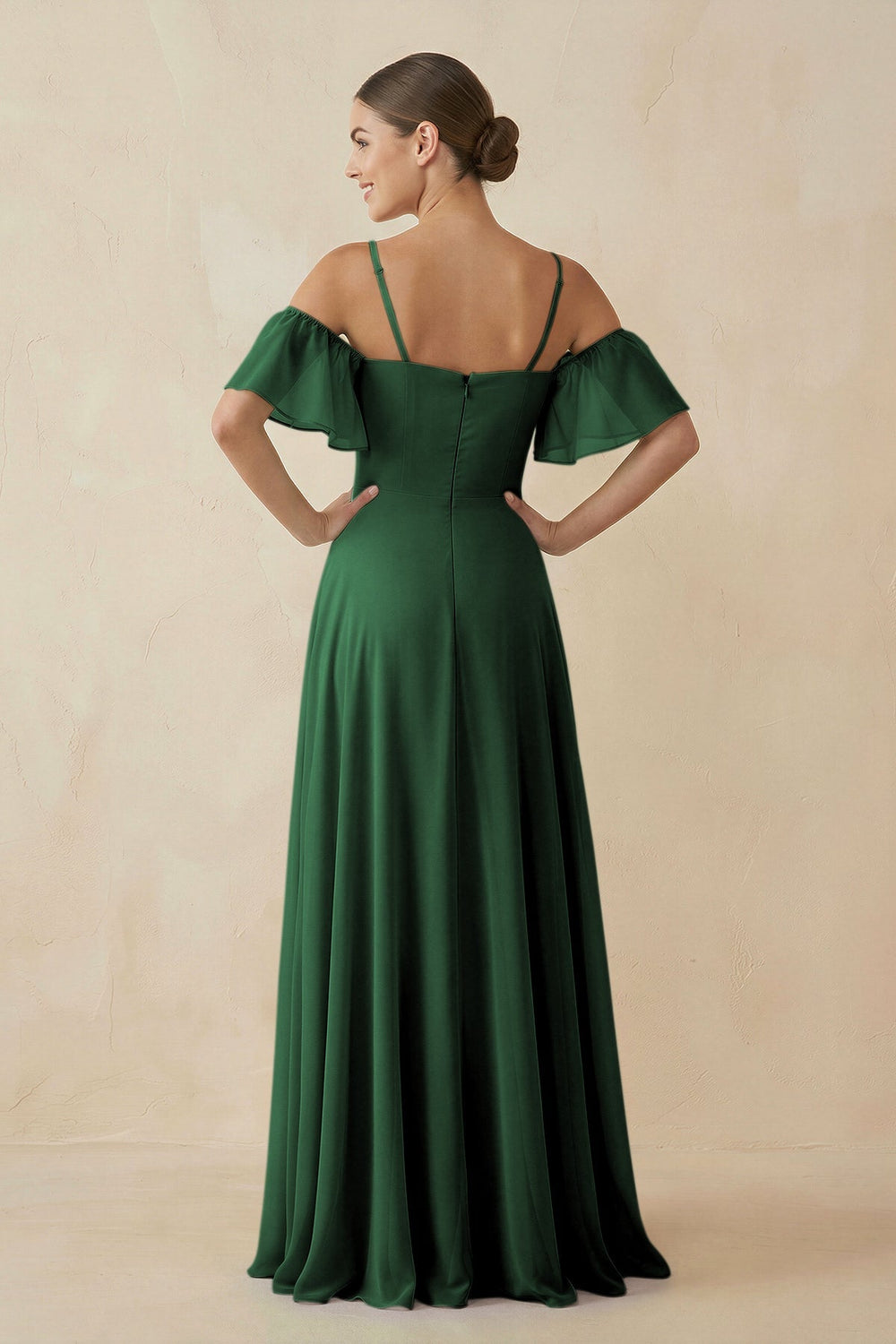 Off - the - Shoulder A - Line Chiffon Bridesmaid Dress in Dark Green - KissProm Bridesmaid Dresses