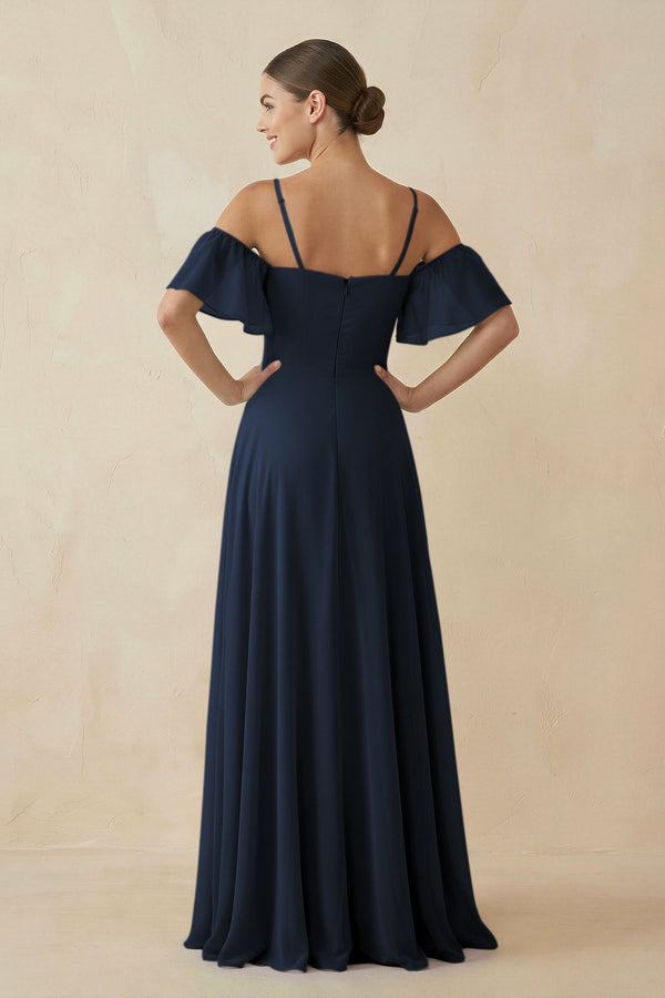 Off - the - Shoulder A - Line Chiffon Bridesmaid Dress in Dark Navy - KissProm Bridesmaid Dresses