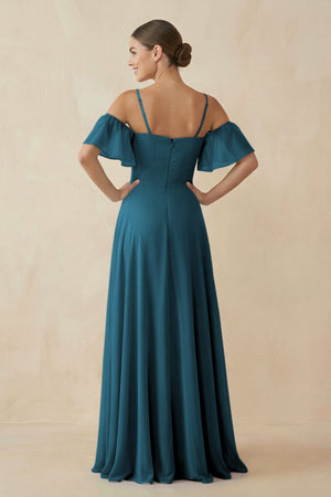 Off - the - Shoulder A - Line Chiffon Bridesmaid Dress in Dark Teal - KissProm Bridesmaid Dresses