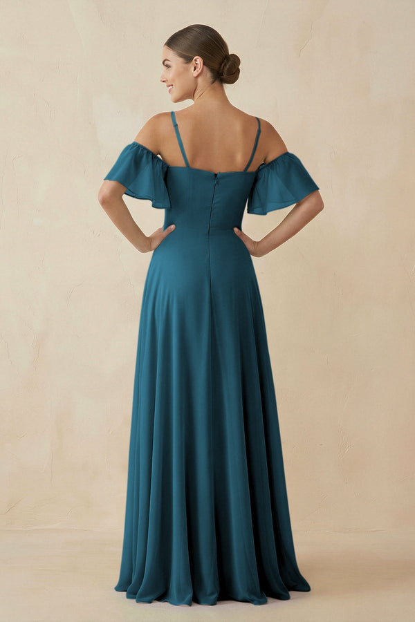 Off - the - Shoulder A - Line Chiffon Bridesmaid Dress in Dark Teal - KissProm Bridesmaid Dresses