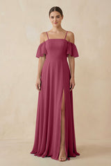 Off - the - Shoulder A - Line Chiffon Bridesmaid Dress in Desert Rose - KissProm Bridesmaid Dresses