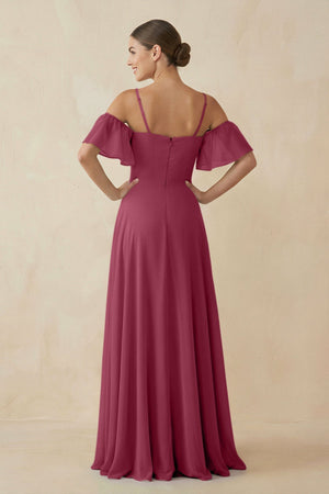 Off - the - Shoulder A - Line Chiffon Bridesmaid Dress in Desert Rose - KissProm Bridesmaid Dresses